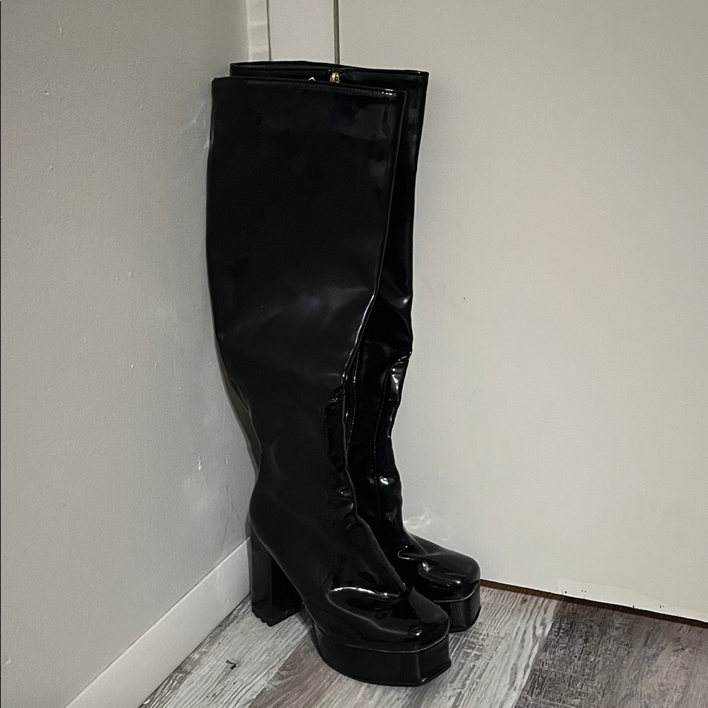 Black Patent Faux Leather Knee-High Boots